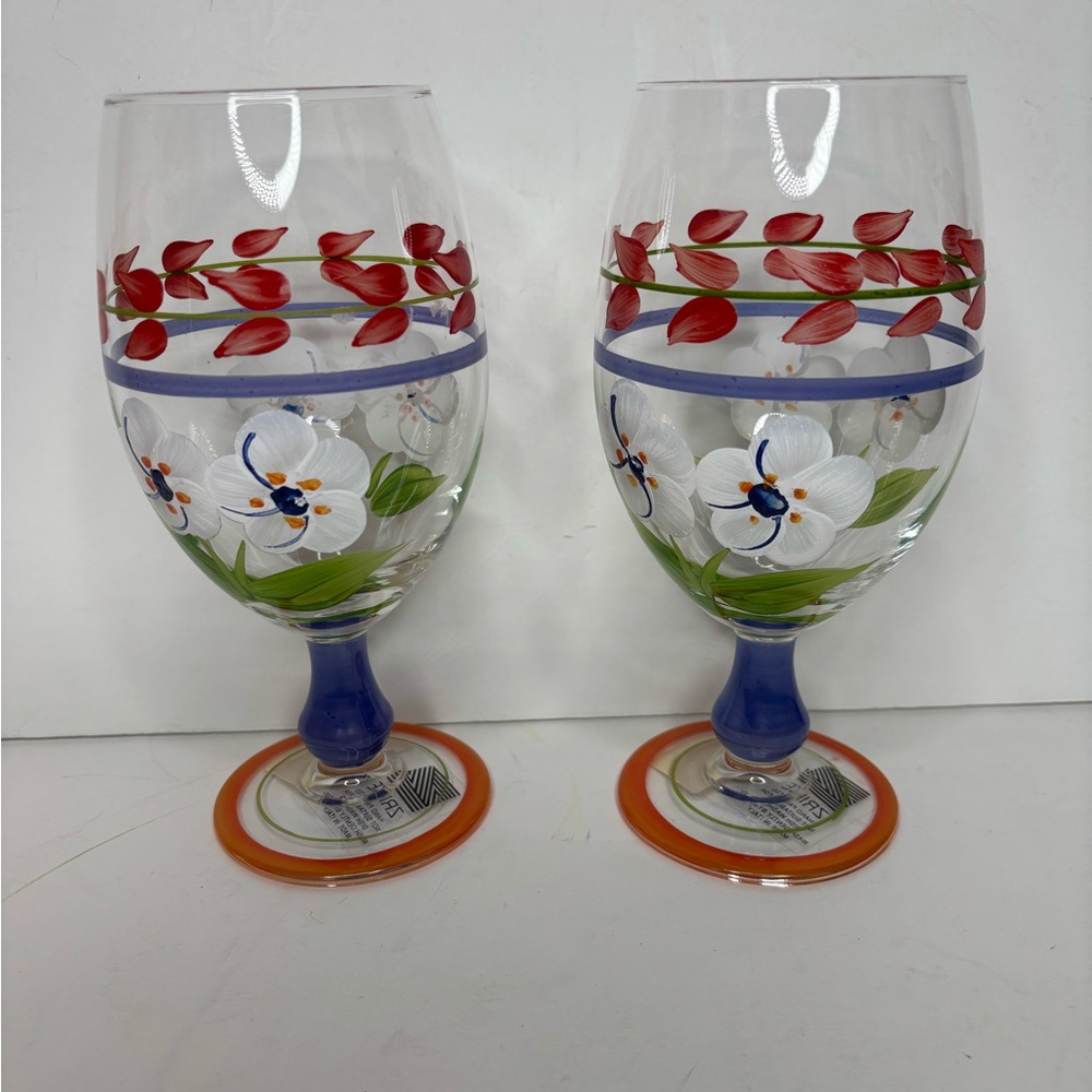 2 Beautiful Hand Painted Wine Glasses Floral Design Zrike Made In Italy